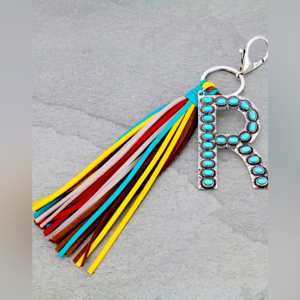 👀 Western Boho Letter “R” Key Chain, Handbag Charm Multicolor Leather Tassel